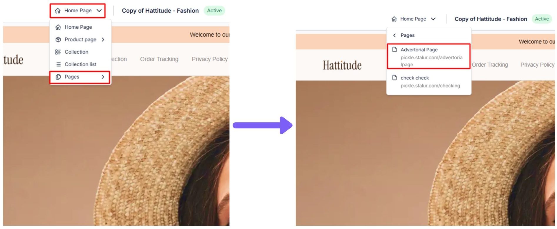Chọn Pages và chọn tên trang Advertorial bạn vừa tạo