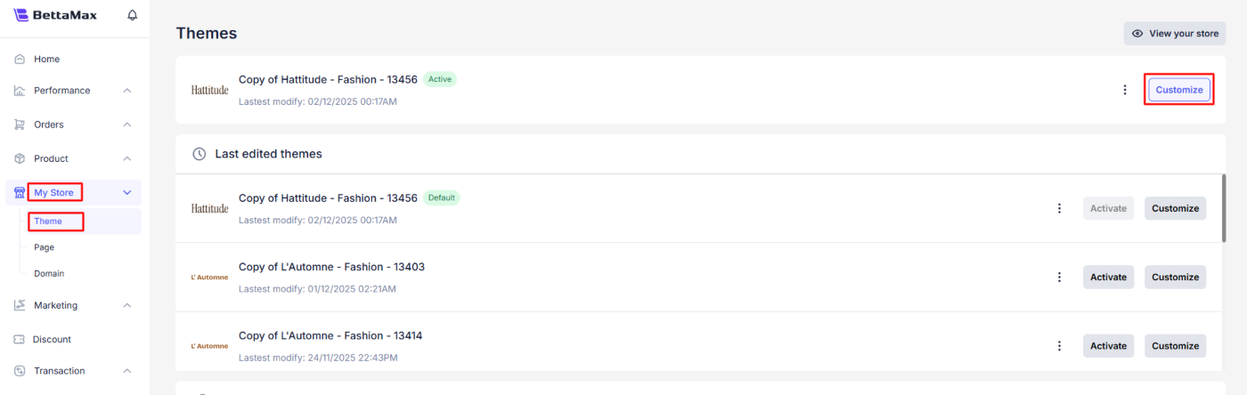Nhấn Customize trên Theme đang hoạt động