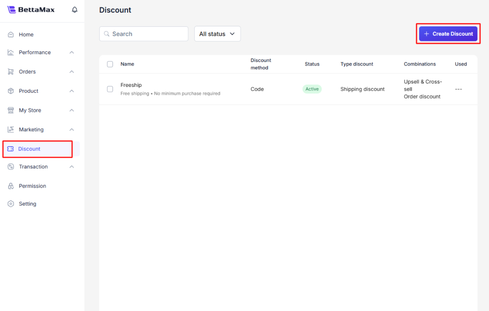 Nhấn nút Create Discount ở góc trên bên phải