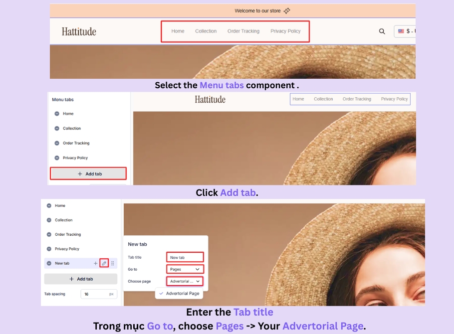 display your Advertorial Page in the navigation bar
