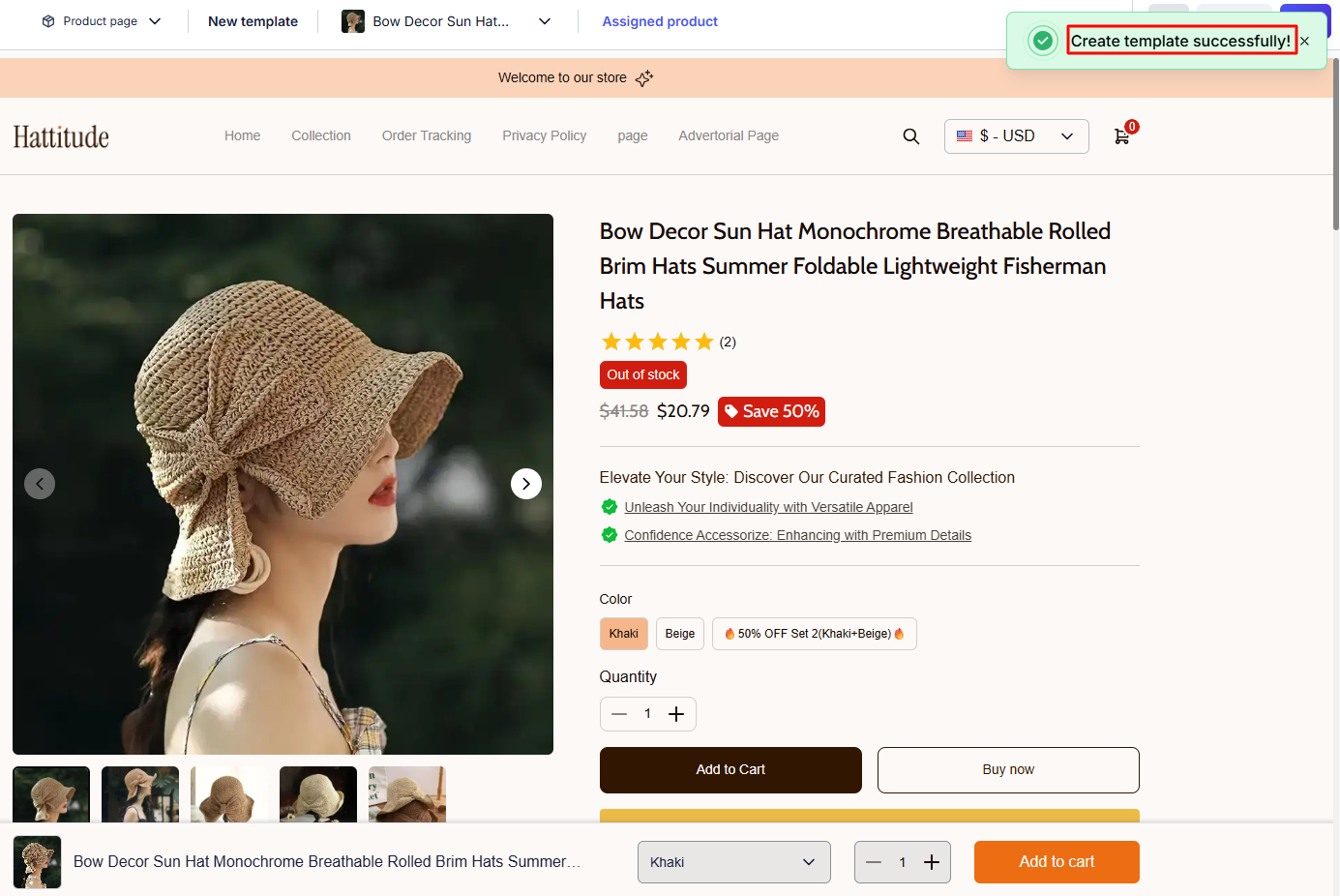 A notification saying Create template successfully will appear